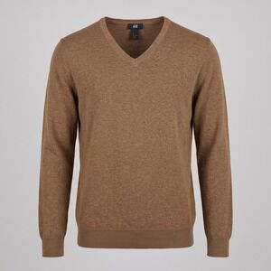 H&M Mens Medium Brown V-Neck Sweater 100% Cotton Lightweight Knit Pullover